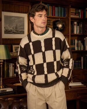 VTG Scottish Shetland Chunky Cable Knit Checkered Wool Sweater Brown Preppy 80s